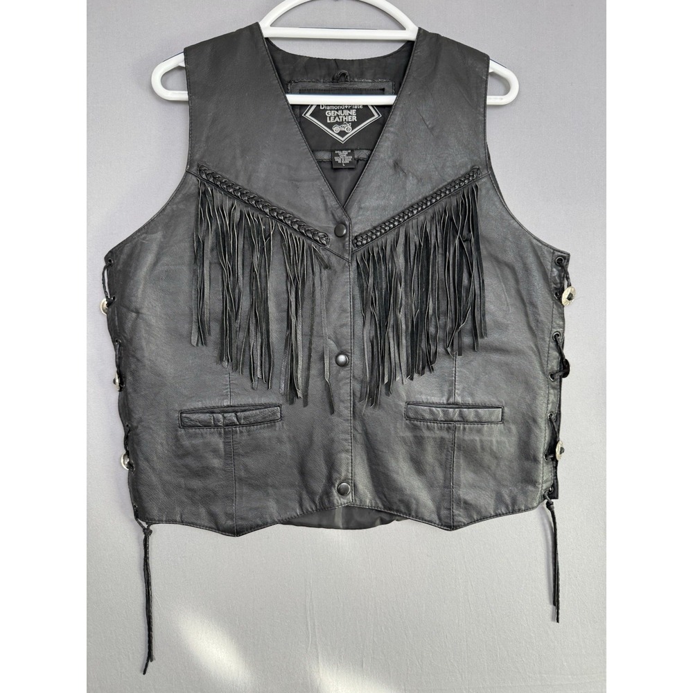 Vintage Diamond Plate Leather Motorcycle Vest Womens Large L Biker Lacing Fringe